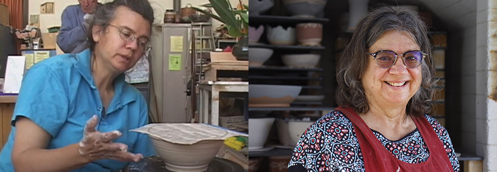 Side by side photos show ceramics instructor Pamela Kozminska works a ceramics wheel in 2005 and Pamela in 2023.