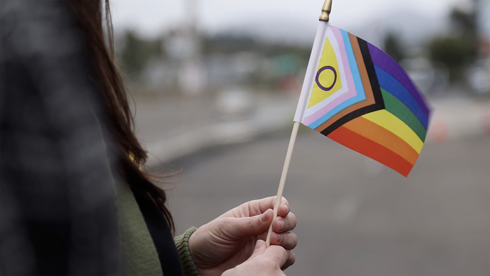 A close up of someone holding a small pride flag