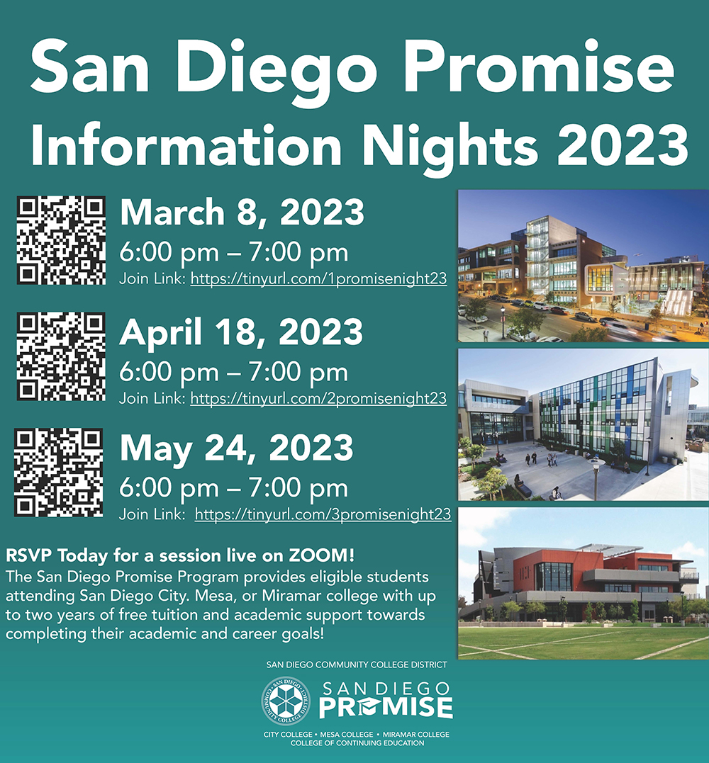 promise night flyer is teal with dates for info nights and photos of each campus