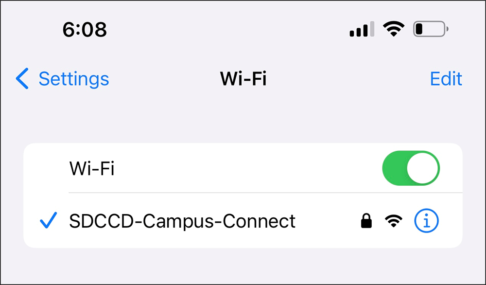A windown showing the SDCCD Campus Connect option for Wi-Fi connections