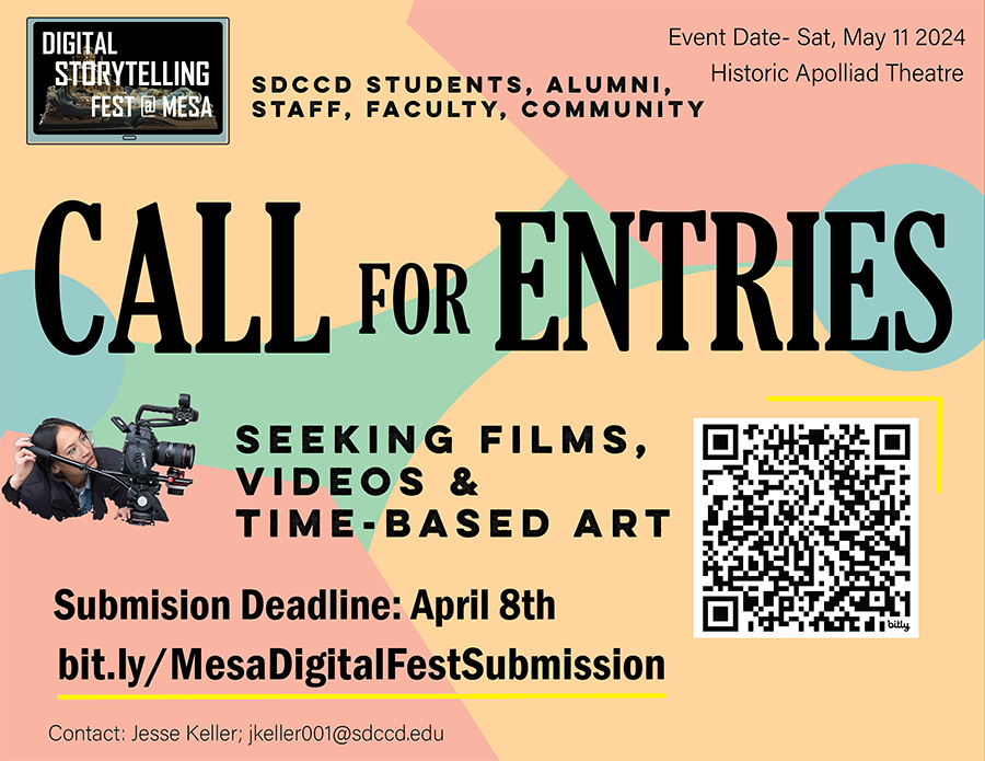 A multi colored flyer. An image shows a woman looking through the lens of a video camera. Text reads call for entries. Seeking films, videos, time based art Submission deadline April 8 2024 