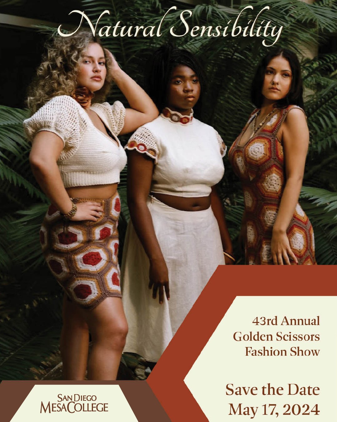 Three women modeling crocheted skirts tops and a dress. There are palm trees behind them. Text says save the date. 43rd annual golden scissors fashion show.