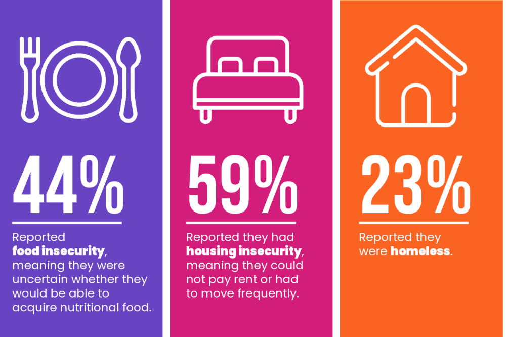 Graphic reads 44 percent of students report food insecurity. 59 percent report housing insecurity. 23 percent report homelessness