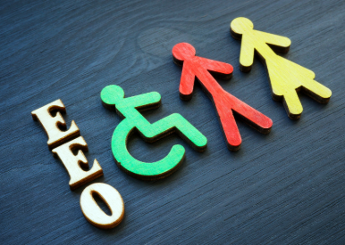Letters spell out EEO there is a block of a person using a wheelchair a stick figure of a male and a stick figure of a female