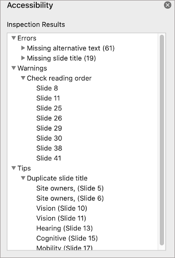 PowerPoint accessibility report, showing Errors, Warnings, and Tips.