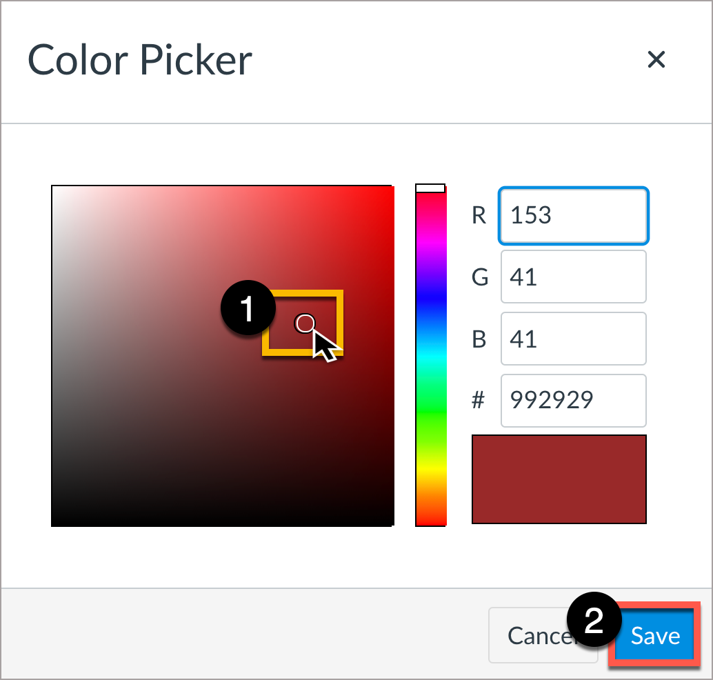 Color Picker palette allows content authors to customize colors, then select Save. 