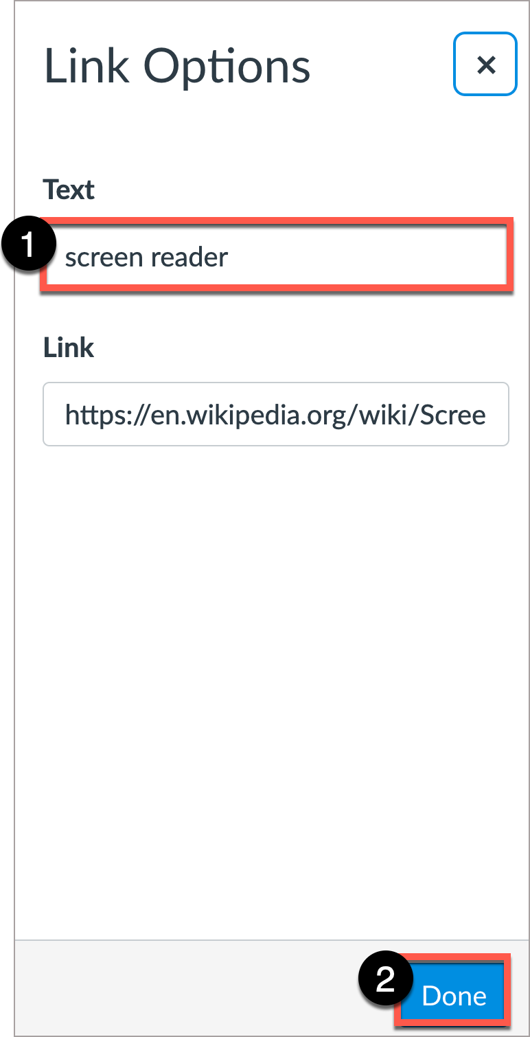 In Link Options, write descriptive text under “Text” field, then select Done. 