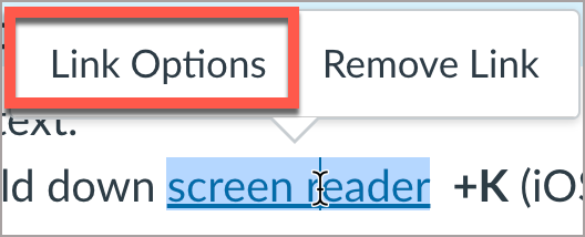 In the pop-up hyperlink submenu, select “Link Options” to edit existing links. 