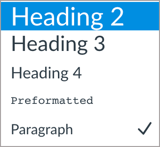 Heading levels 2-4, Preformatted, and Paragraph.