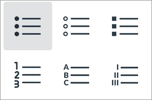 List style options include ordered (numerical, alphabetical, & numeral) and unordered list styles (black, white, and square). 