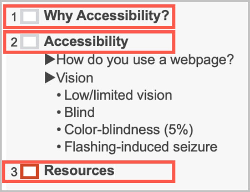 The PowerPoint Outline View, slides should have unique titles.