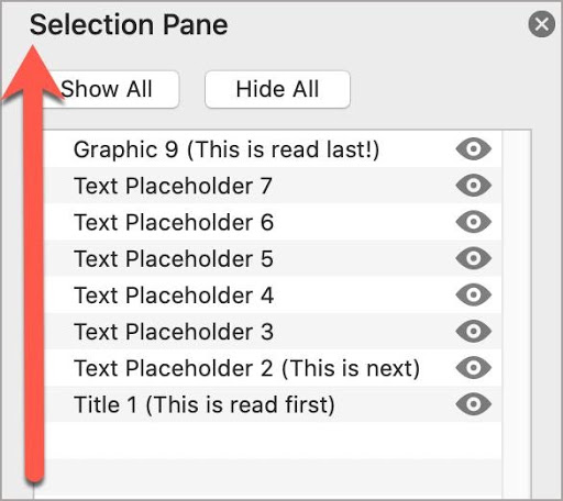 PowerPoint Selection Pane, showing the reading order of the slides, from bottom to top.