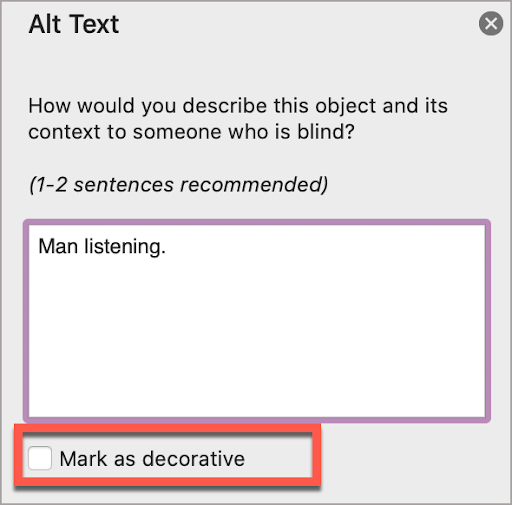 In the PowerPoint Alt Text window, select Mark as decorative.