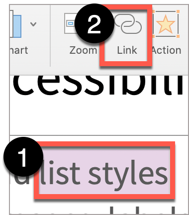 In PowerPoint, highlight the desired hyperlink text, then select the Link button from the upper ribbon.