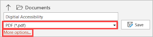 In the Windows version of PowerPoint, select file, then Save As.  Choose PDF from the file format menu, then More Options.