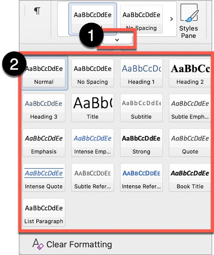 Microsoft Word Styles Pane shows all heading styles.