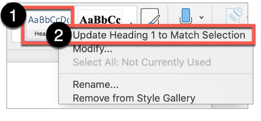 In Microsoft Word, highlight the heading and format it as desired, then right-click the heading style and select Update Heading #  to Match Selection.