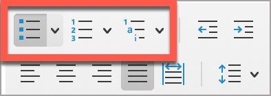In Microsoft Word, use the built-in lists buttons to create an accessible list; these include Bullets, Numbering, and Multilevel List.