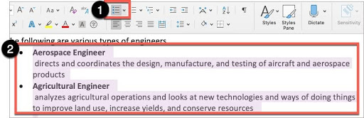 In Microsoft Word, select the grouped items, then select the appropriate list style.