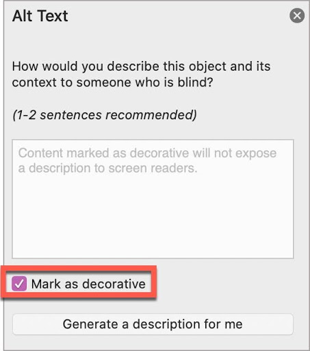 In the Microsoft Word Alt Text window, select Mark as decorative for decorative images.