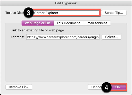 In the Microsoft Word Edit Hyperlink window, write text for the link in the Text to Display box, before selecting OK.
