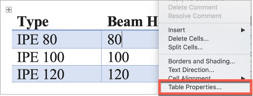 In Microsoft Word, after highlighting the header row, right-click and select Table Properties.