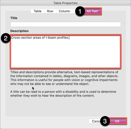 In the Microsoft Word Table Properties window, select the Alt Text tab, then write the alt text the Description field.