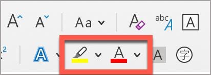 The Microsoft Word Text Highlight Color and Font Color buttons, found in the Home ribbon.