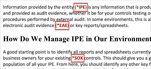 Acronyms in Microsoft Word text, formatted for emphasis and accessibility, using parentheses, asterisks, bolded, and red font.