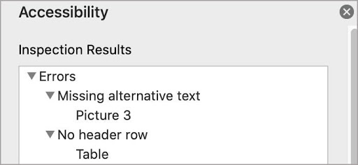 The Microsoft Word Accessibility report, showing accessibility errors.