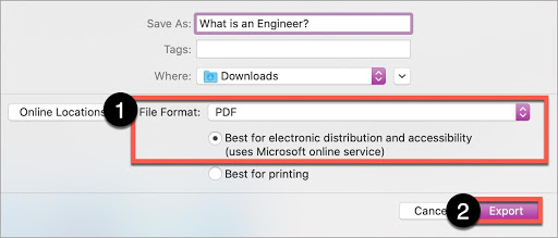 In the Save As window on the Mac Word, select PDF, ensure button, “Best for…” is checked, then select the Export button.