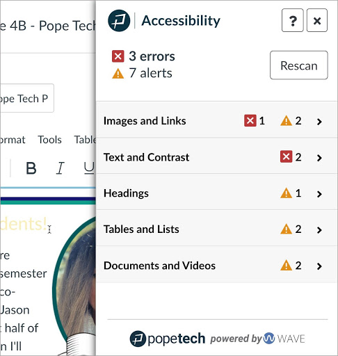 Pope Tech menu includes number of errors, alerts, and identifies elements needed to be addressed to pass accessibility.