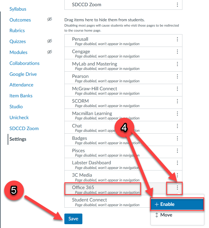 Steps showcasing how to enable Office 365 in Canvas