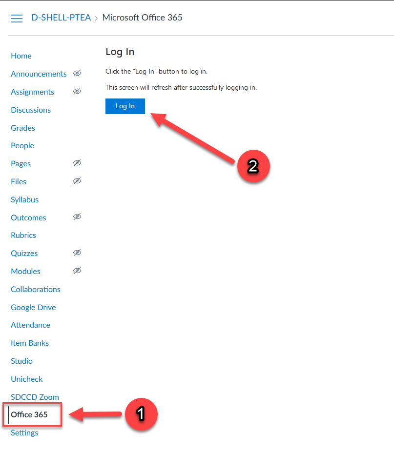 Login button to initialize Office 365 in Canvas