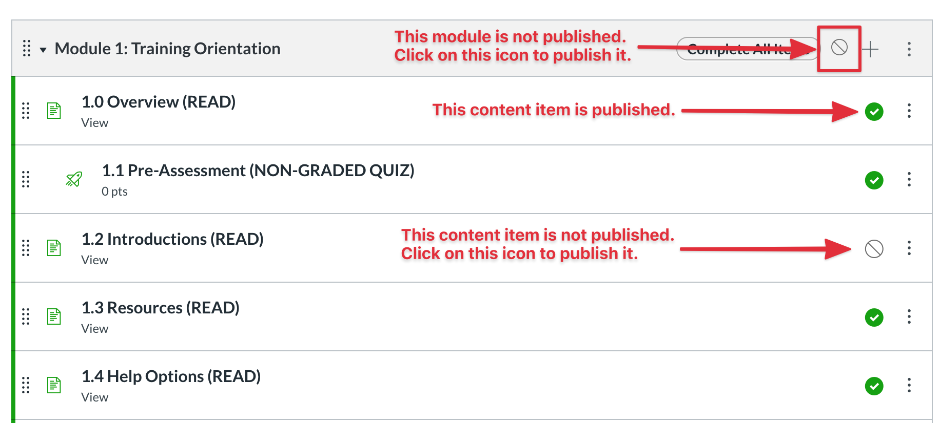 Screenshot showcasing differences between published and non-published Canvas content. 