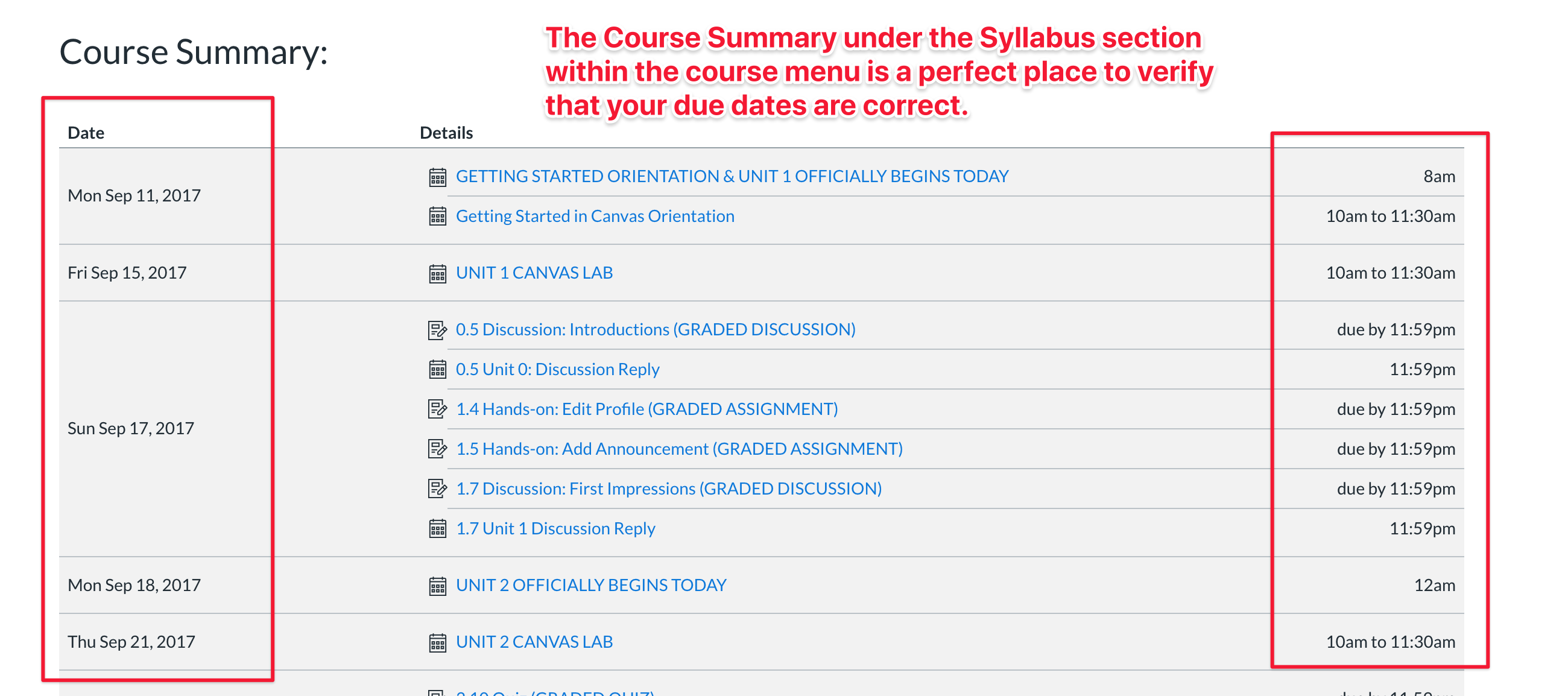 Screenshot of Course Summary to differentiate between Due Dates for Canvas Assessments.