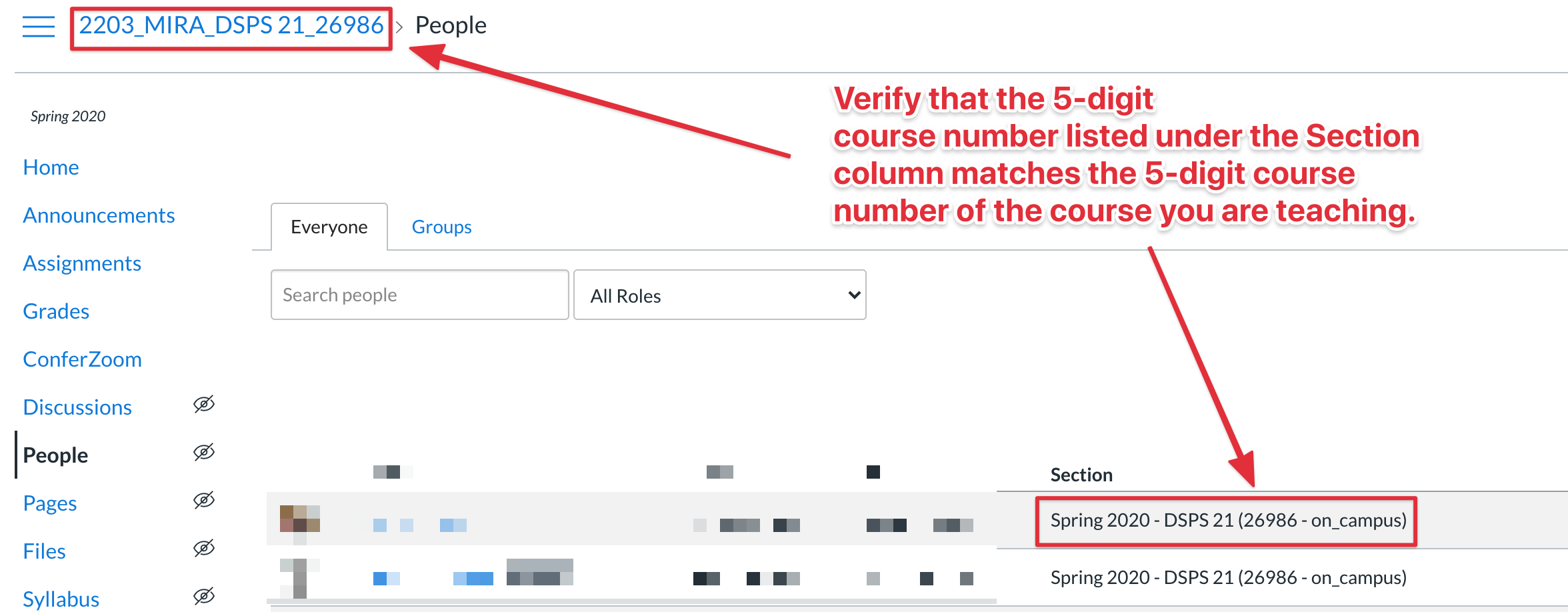 A screenshot denoting how to verify your Canvas Section numbers