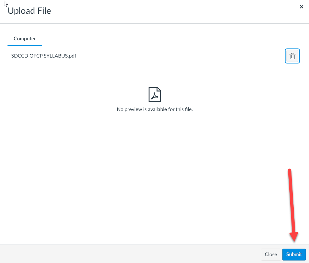 Screenshot showcasing how to submit your uploaded document to Canvas