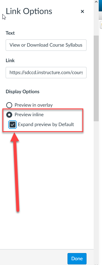 Screenshot of the Link Options feature and the settings needed to enable documents to preview automatically.