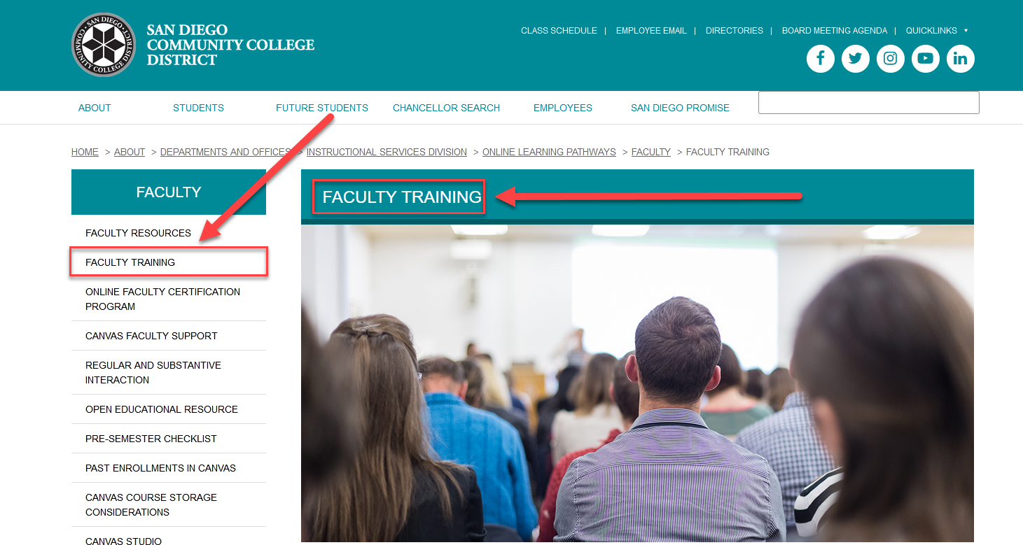 screenshot of the sdccd faculty training page