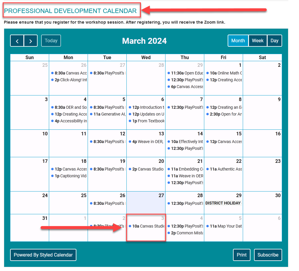 Screenshot of the SDCCD Professional Development Calendar