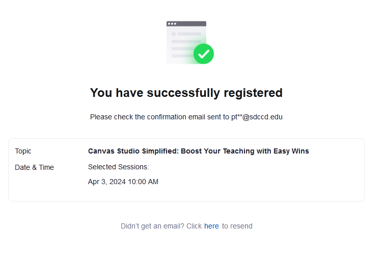 A screenshot of the confirmation notification after registering for the workshop/event