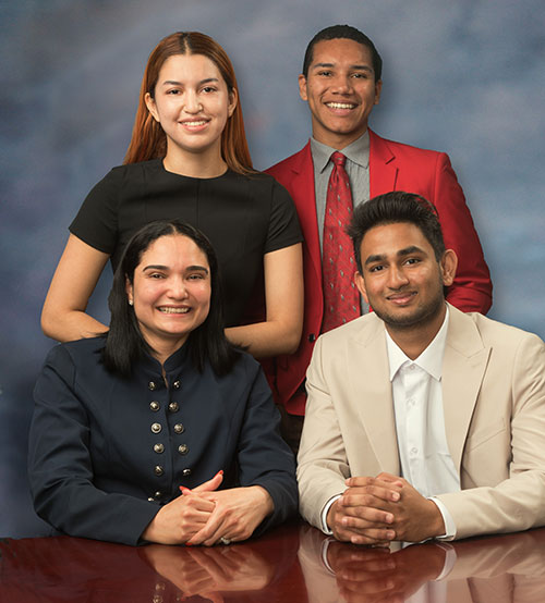 Student Trustees 2022-23 Portrait photo of student trustees Ixchel Valencia Diaz, Diego Bethea, Adriana Dos Santos, Namod Pallek