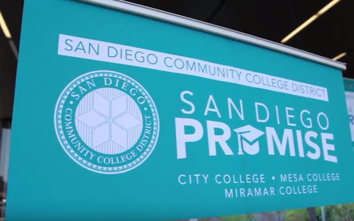 A teal San Diego Promise banner displayed during a news conference
