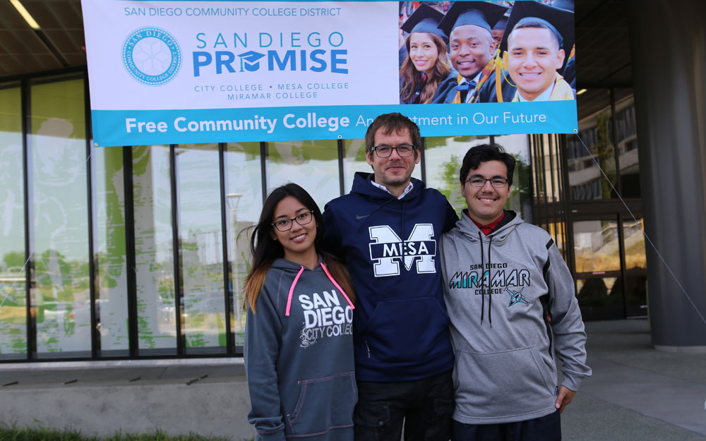Students Tiffany Celzo, Liutauras Marciulionis, and Philip Kist at the June 22 launch event for the San Diego Promise held at San Diego Mesa College.