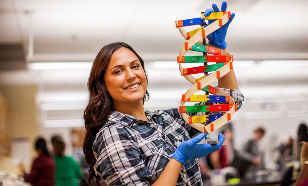 A student holding a model of a molecule