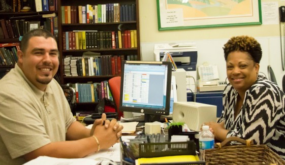 Erwin Trejo and Rescue Mission staff Angela Ford.