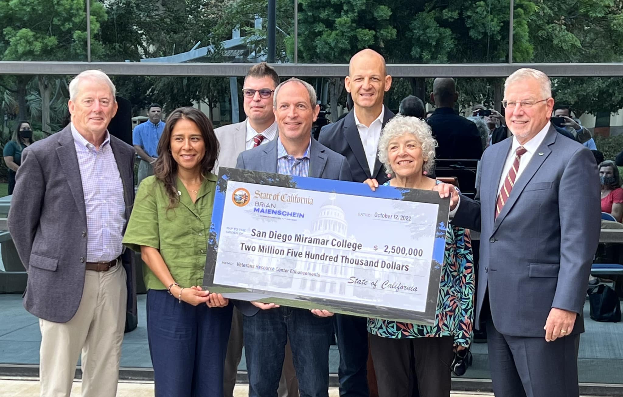 From left, SDCCD Board of Trustee Bernie Rhinerson, SDCCD Board of Trustee Geysil Arroyo, SDCCD Chancellor Dr. Carlos Cortez, Assemblymember Brian Maienschein, Assemblymember Kevin McCarty, SDCCD Board of Trustees President Dr. Maria Nieto Senour, Miramar College President Dr. Wesley Lundburg. 