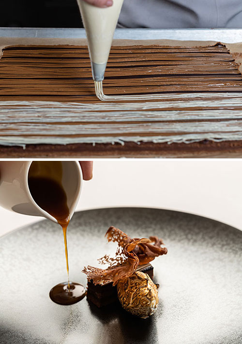 Chef Ramos layers white chocolate onto the decadent signature Praline Chocolate Crunch dessert that helped Addison earn its third Michelin star, which is shown plated with warm passion fruit mezcal caramel being poured as a finishing touch.