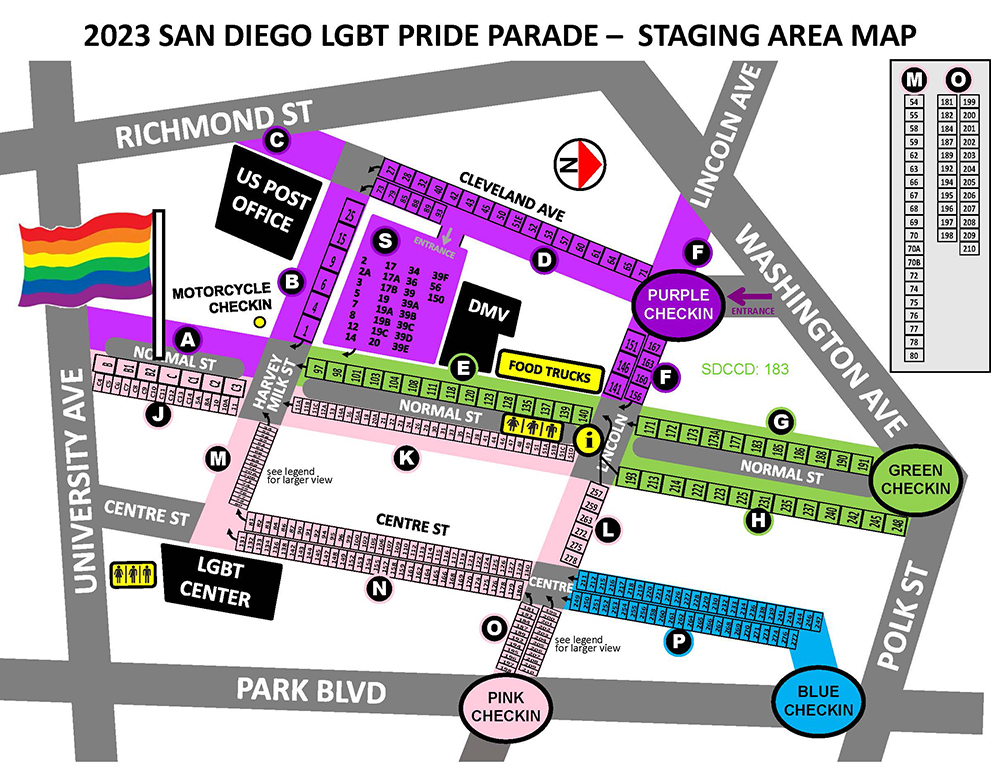 A map of the Pride Parade staging areas along Normal Street